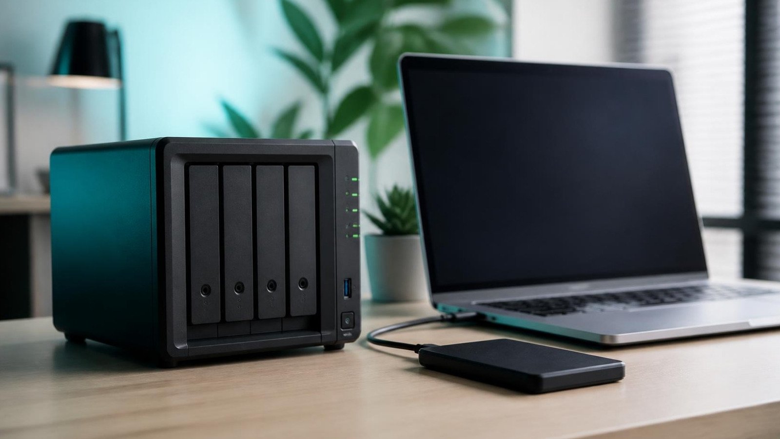 Serveur de sauvegarde NAS et ordinateur portable sur un bureau