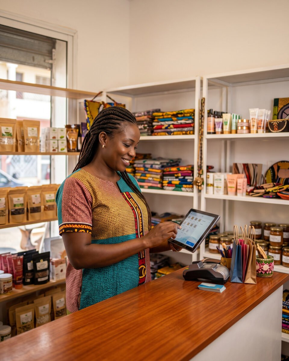 Commerçante utilisant une caisse tactile dans sa boutique