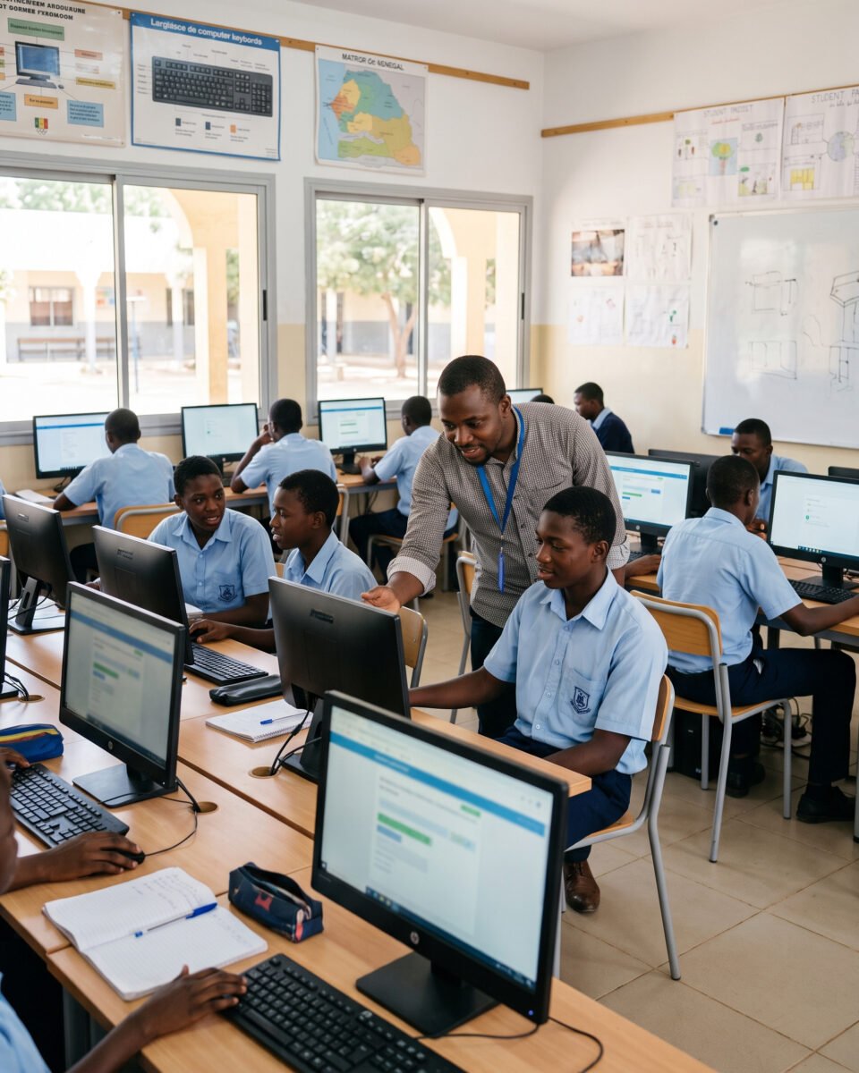 Élèves en salle informatique avec leur enseignant
