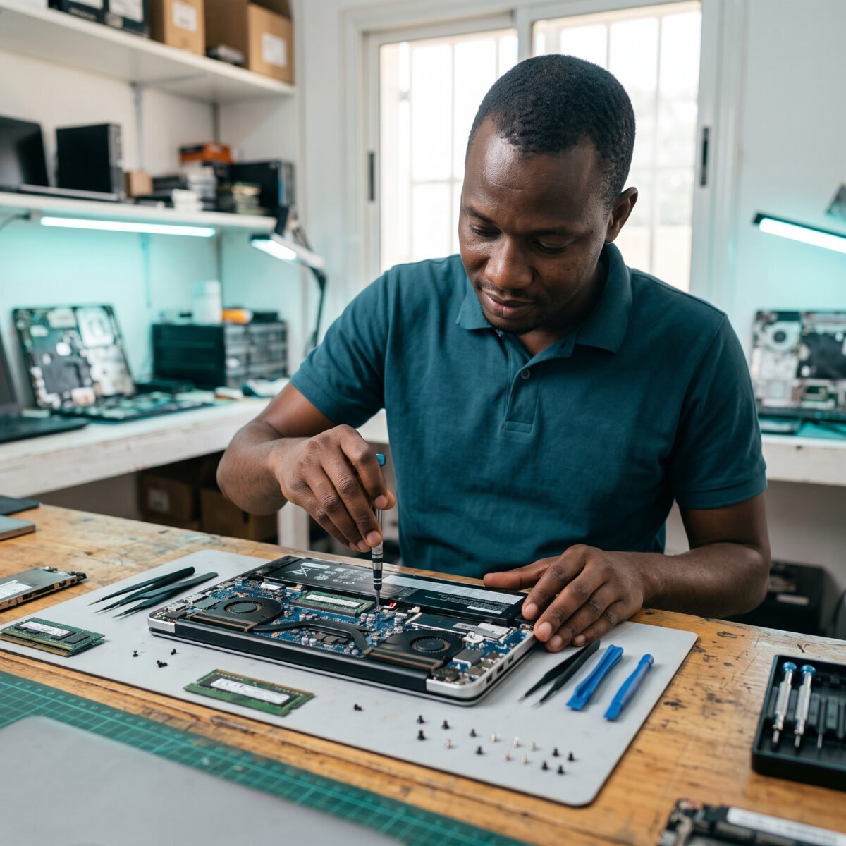 Technicien réparant un ordinateur portable dans l’atelier